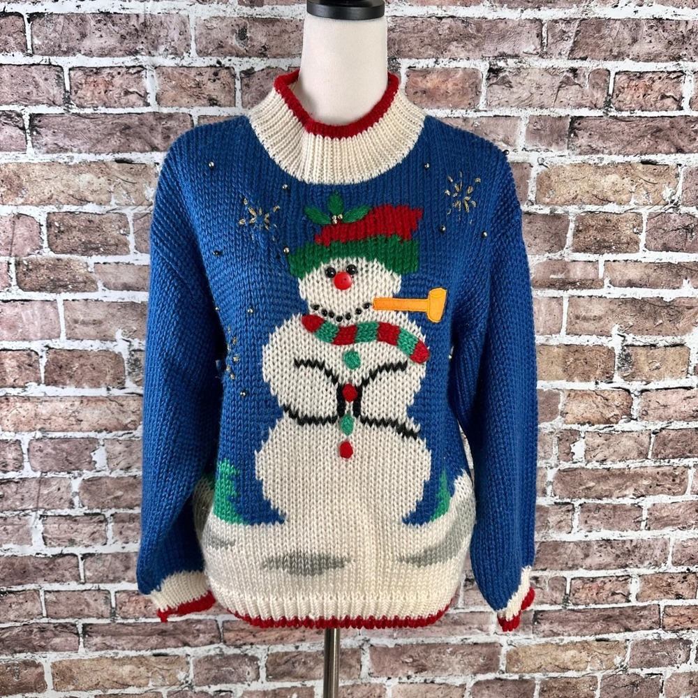 Heidi Knitted by Hand Women's Blue Snowman Ugly Christmas Sweater Large
